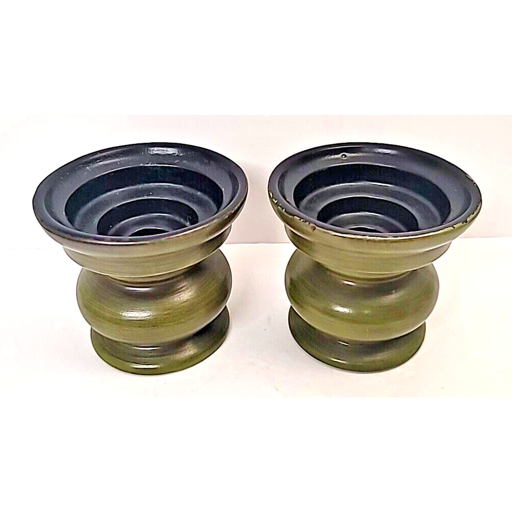 Set Of 2 Haeger Pottery Candle Holder Green‎ & Black Made in USA 4"H 4.5"W